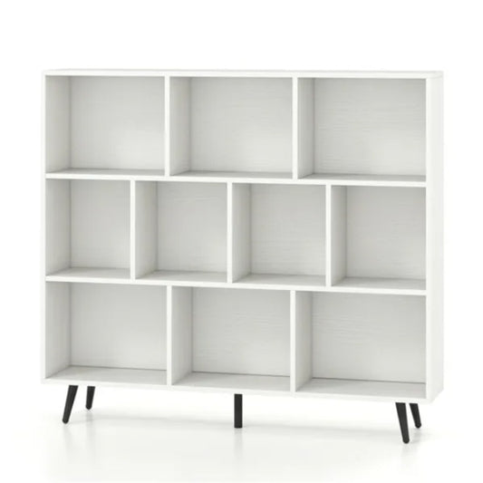 Modern 10-Cube Storage Bookcase with Metal Legs - 3-Tier Organizer Shelf (White/Black)