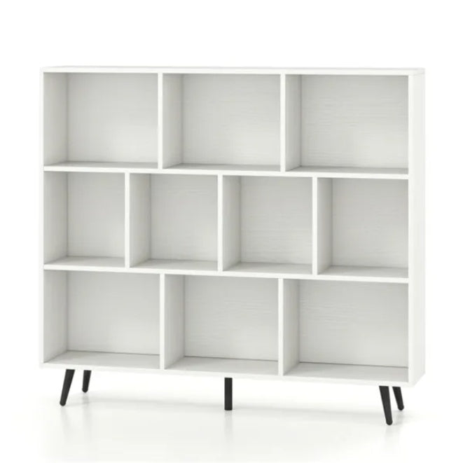 Modern 10-Cube Storage Bookcase with Metal Legs - 3-Tier Organizer Shelf (White/Black)