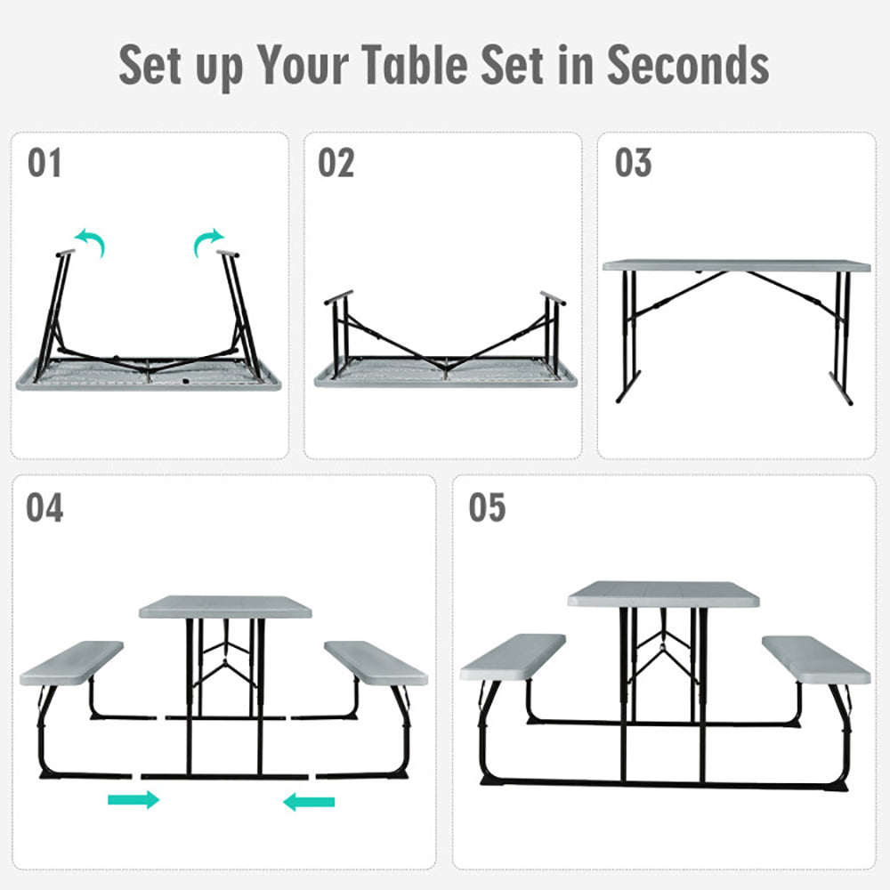 Folding Picnic Table with Benches - Indoor Outdoor Table Set (Seats 4 Adults or 6 Children) | Backyard, Camping & Patio Use