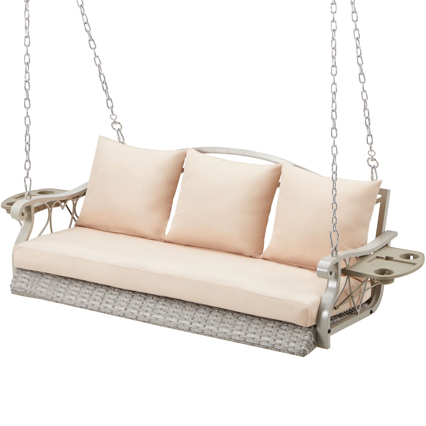 Outdoor Hanging Porch Swing Bench - Woven Rattan 3-Seat Swing with Cushions, Foldable Cup Holders & 900 lb Capacity (Chain Hung)