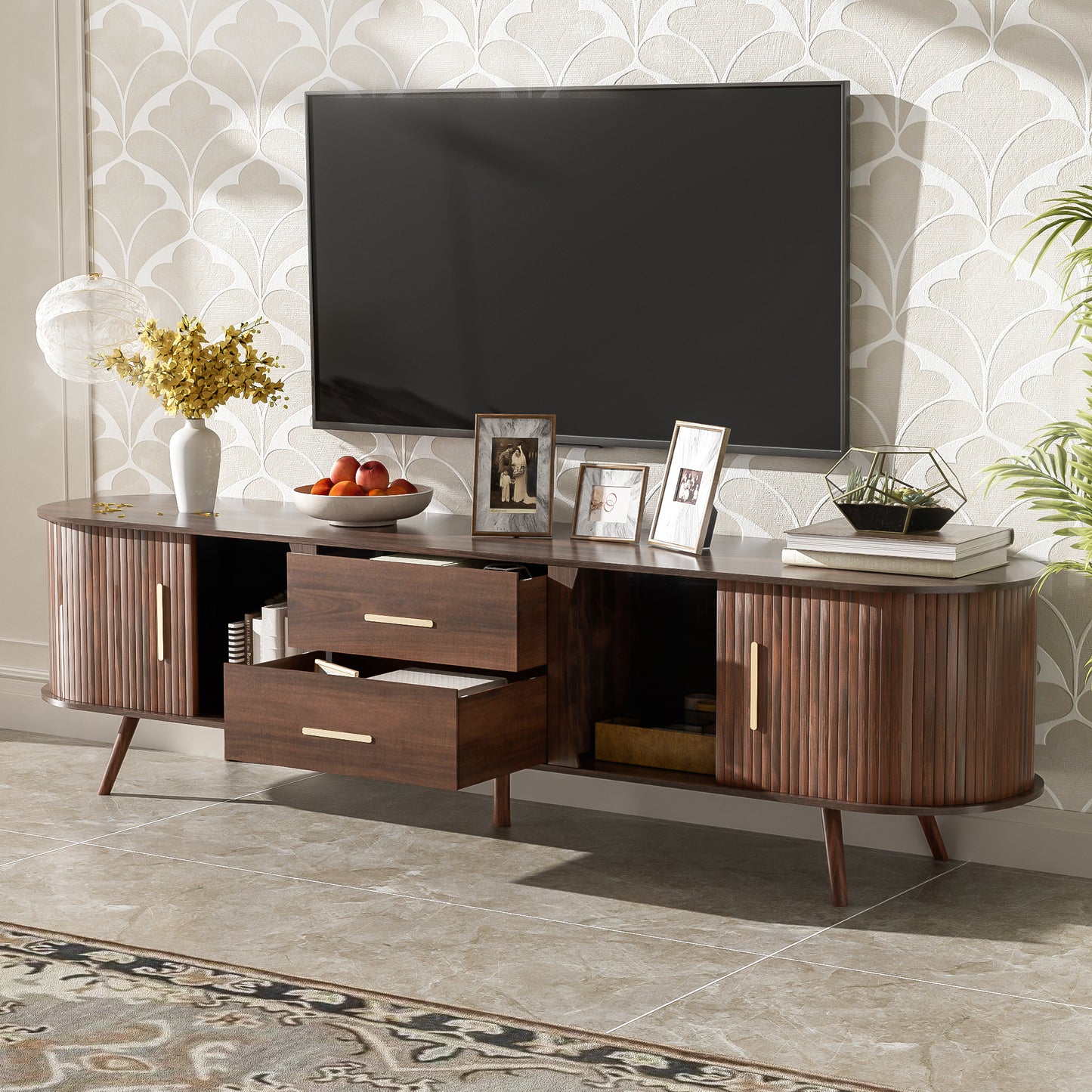 The "Horizon Oval" 71" Mid-Century Console | Solid Wood Leg Media Center with Space-Saving Sliding Doors