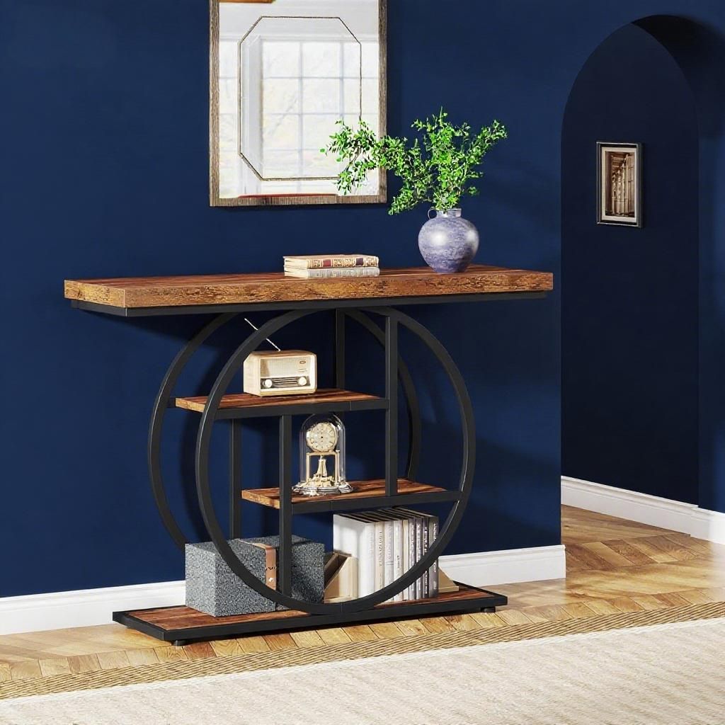 Rustic Industrial Circle Console Table - 41" Entryway Sofa Table with Multi-Tier Shelves