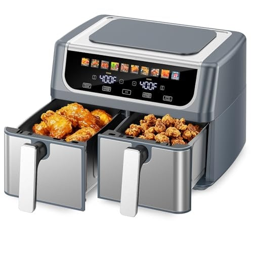 Dual Basket Air Fryer 9.5L - Double Drawer Air Fryer with Independent Temperature Control, Digital Display & 10 Preset Cooking Modes (Black/Gray)