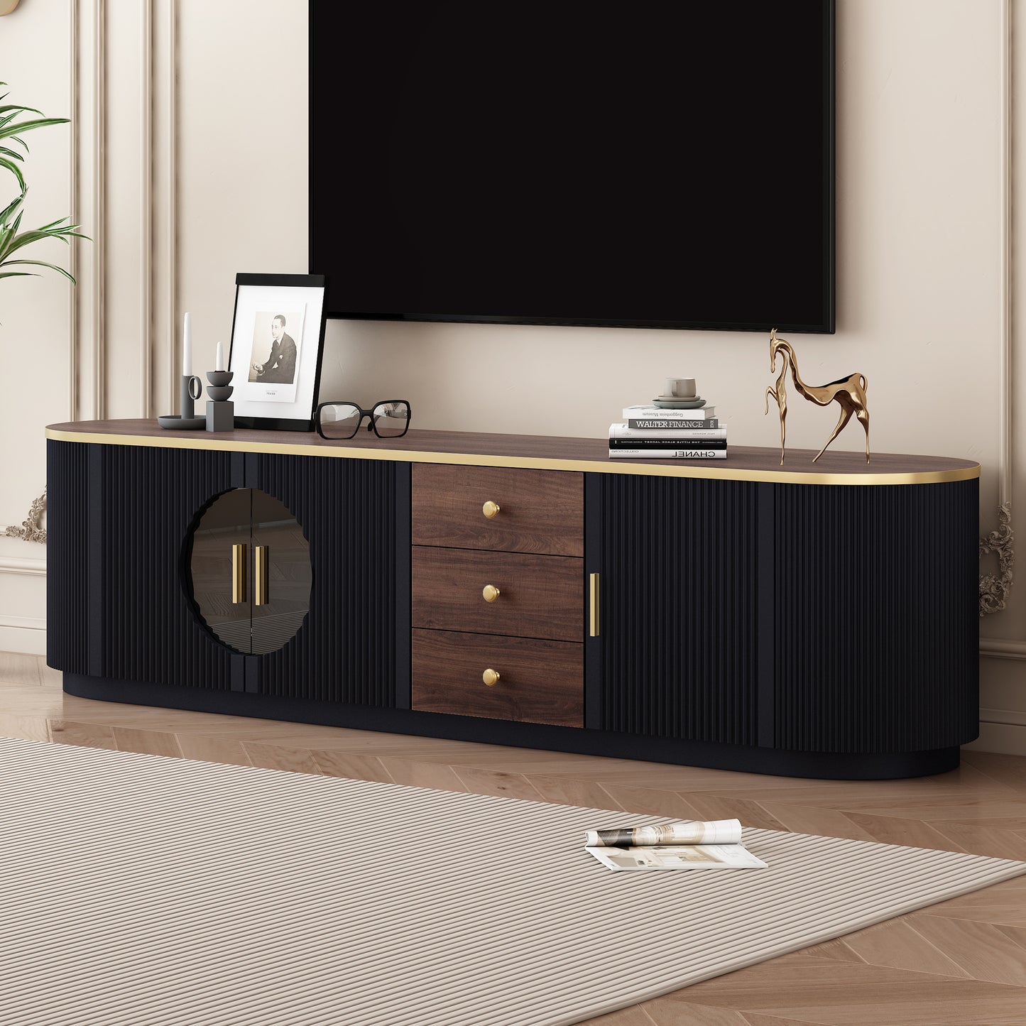 The "Vibe Haus" 70" Ultra-Wide Entertainment Center | Modern Fluted Console with Gold Accents