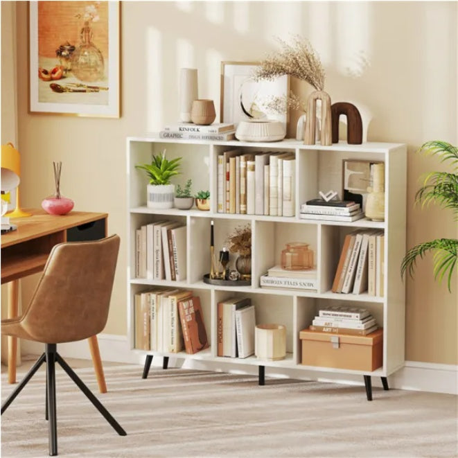 Modern 10-Cube Storage Bookcase with Metal Legs - 3-Tier Organizer Shelf (White/Black)