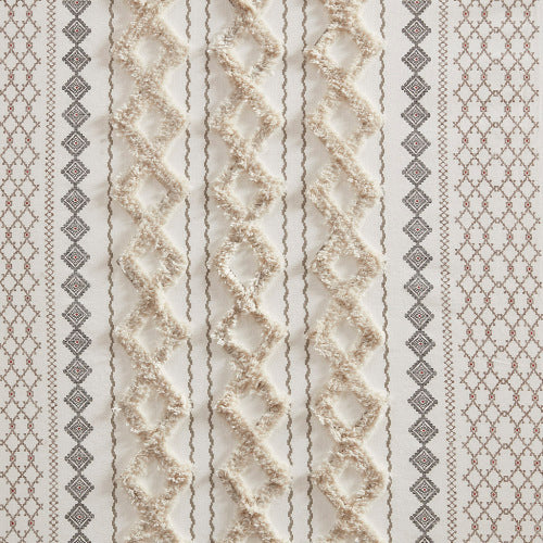 Ivory Boho Cotton Curtain Panel with Chenille Stripe - 50 x 84 Light Filtering Window Curtain (Single Panel)