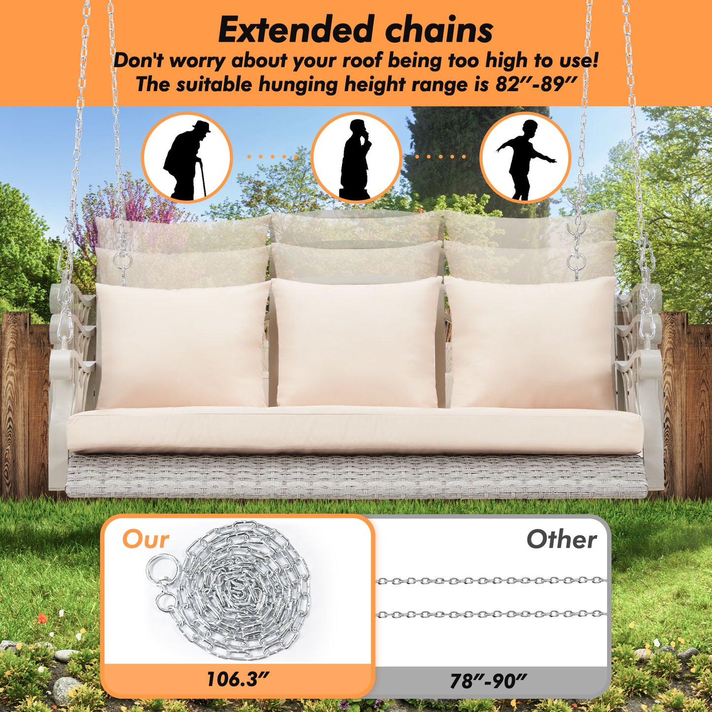 Outdoor Hanging Porch Swing Bench - Woven Rattan 3-Seat Swing with Cushions, Foldable Cup Holders & 900 lb Capacity (Chain Hung)