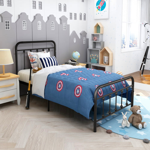Twin Metal Platform Bed Frame - Victorian Style Headboard & Footboard with Underbed Storage (Black)
