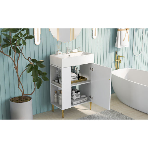 Modern 21.6" Bathroom Vanity with Sink - White Cabinet, Gold Legs & Side Storage for Small Spaces