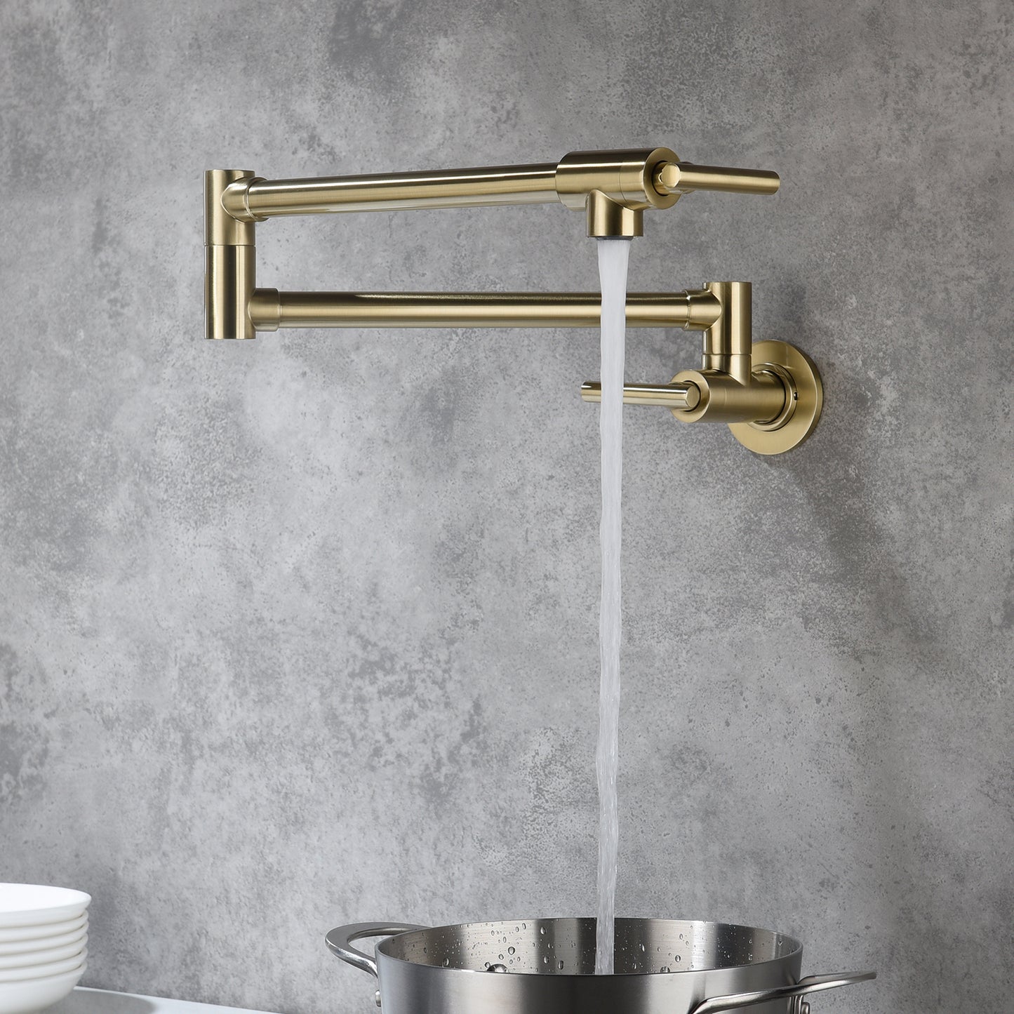 Wall-Mount Pot Filler Faucet - 23.6" Reach Foldable Dual-Handle Brass Kitchen Faucet (Brushed Gold)
