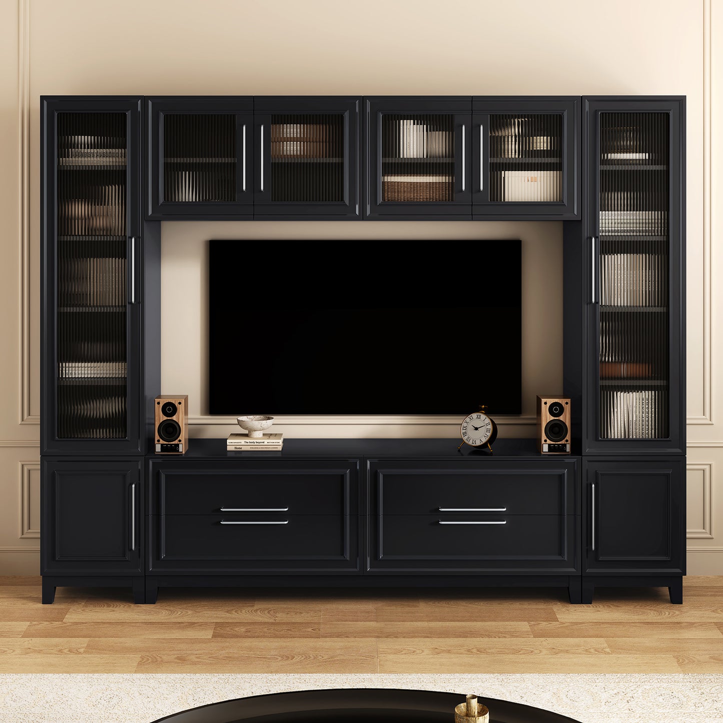 Vibe Haus 102" Black Wall Unit Entertainment Center - Modern Media Console with Glass Cabinets & Storage (Fits up to 75" TVs)