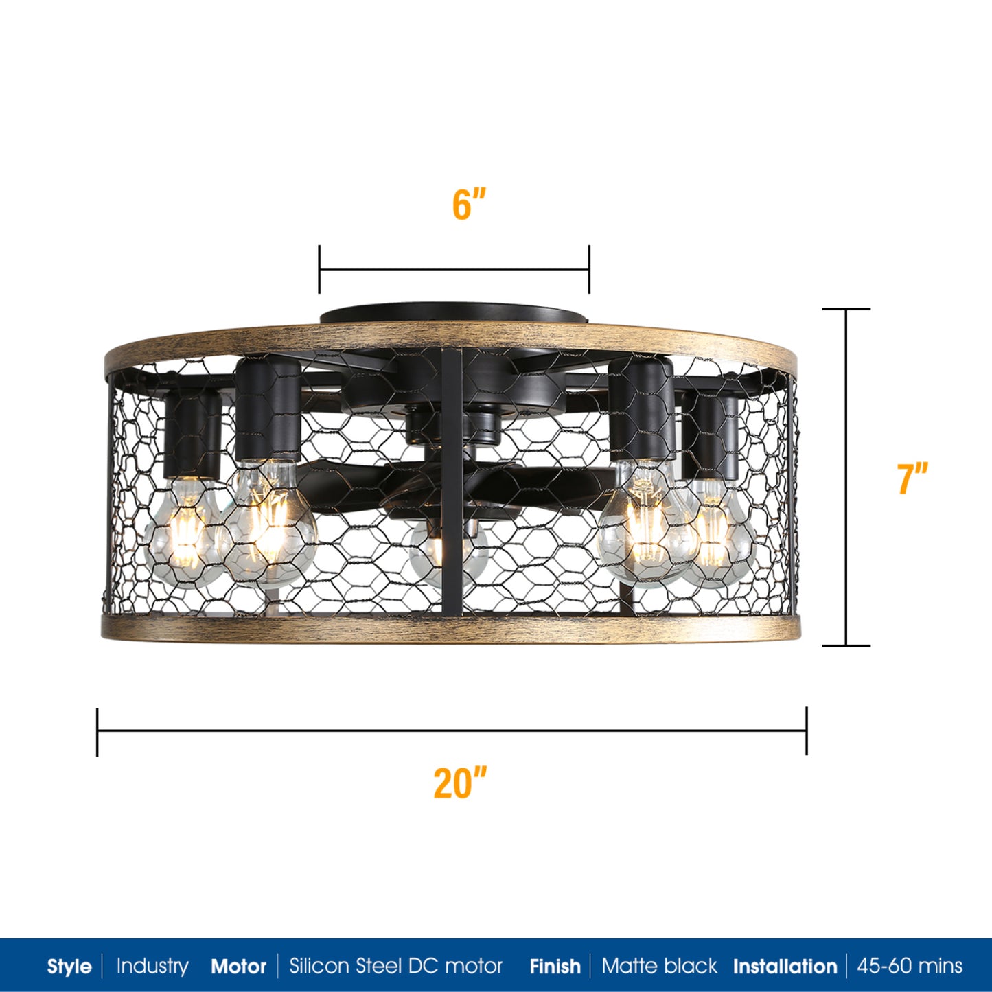 20" Industrial Caged Ceiling Fan with Light - Black Flush Mount, Remote Control, Reversible DC Motor