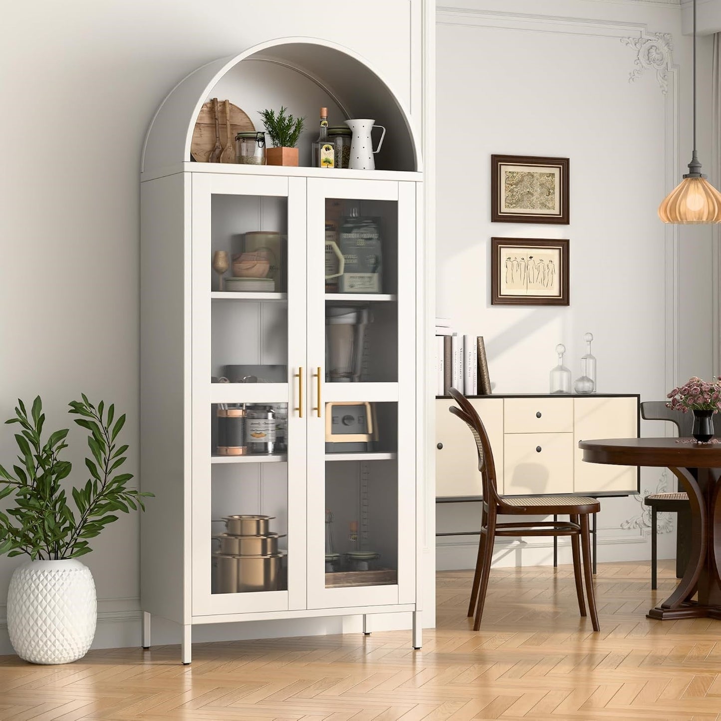 Modern Arched Storage Cabinet with Glass Doors - Tall White Display Pantry Organizer with Adjustable Shelves & Metal Frame