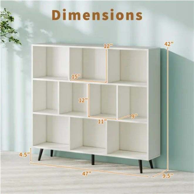 Modern 10-Cube Storage Bookcase with Metal Legs - 3-Tier Organizer Shelf (White/Black)