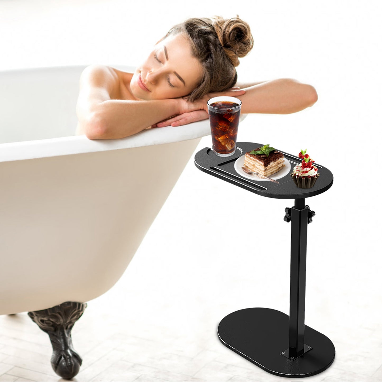 Adjustable C-Shaped Bath Tray Table - 360 degree Rotating Bamboo Bath Caddy for Tub, Sofa or Bed, Freestanding Side Table