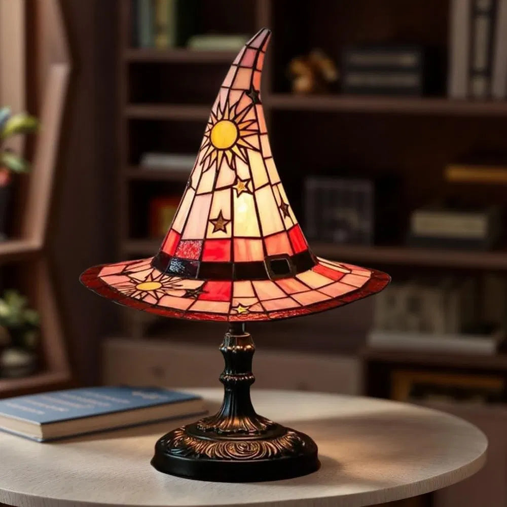 Witch Hat Stained Glass Table Lamp - Gothic Wizard Light, Halloween Decor, Witchy Bedroom Accent Lamp (4 Colors)