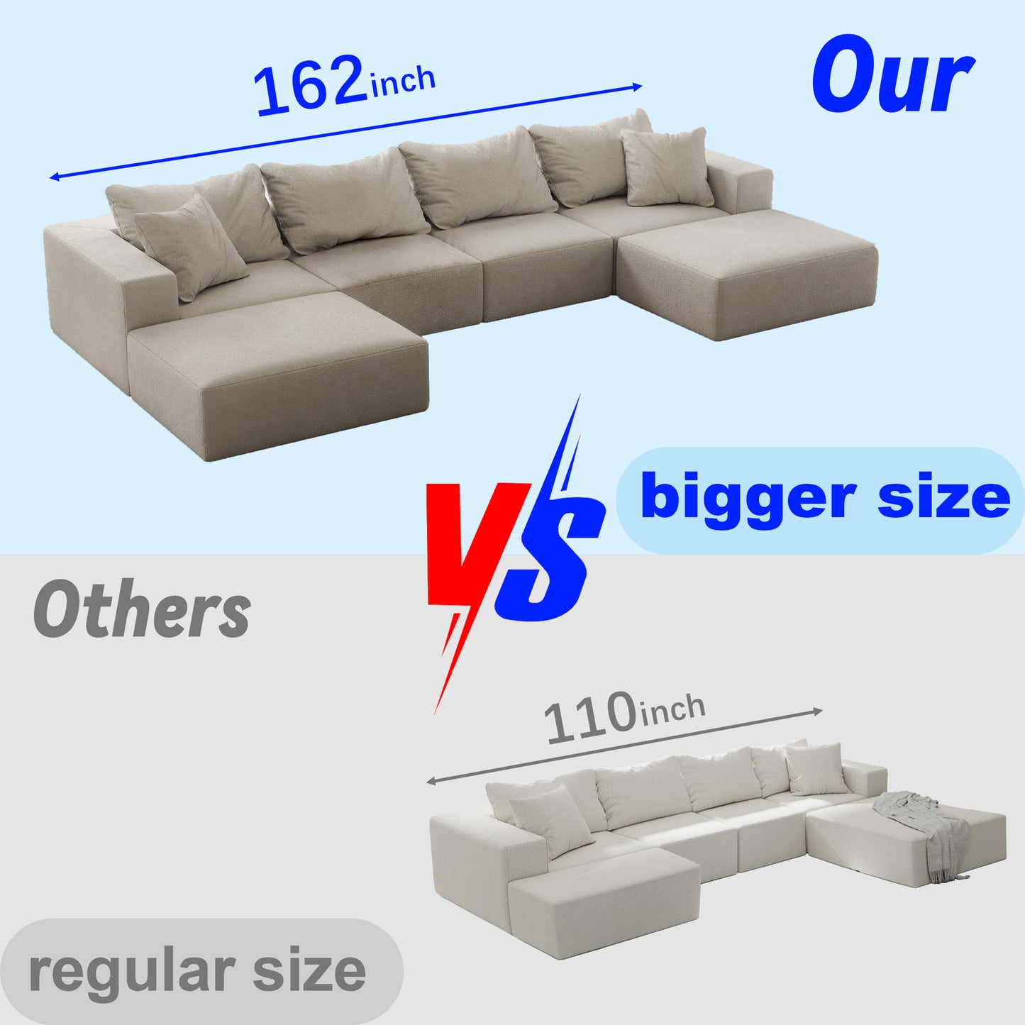 162" Oversized Modular Cloud Sectional Sofa - L-Shaped Chenille Upholstered Couch with Ottoman, 6 Pillows (Beige)