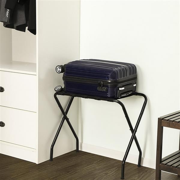 Folding Luggage Rack - Black Metal Suitcase Stand with Heavy-Duty Straps for Guest Room & Airbnb