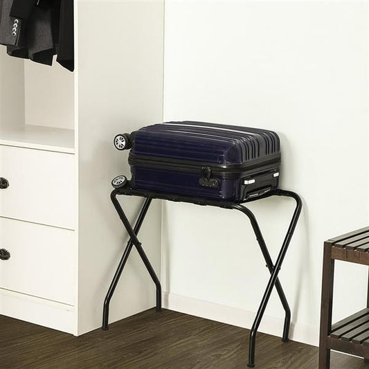 Folding Luggage Rack - Black Metal Suitcase Stand with Heavy-Duty Straps for Guest Room & Airbnb