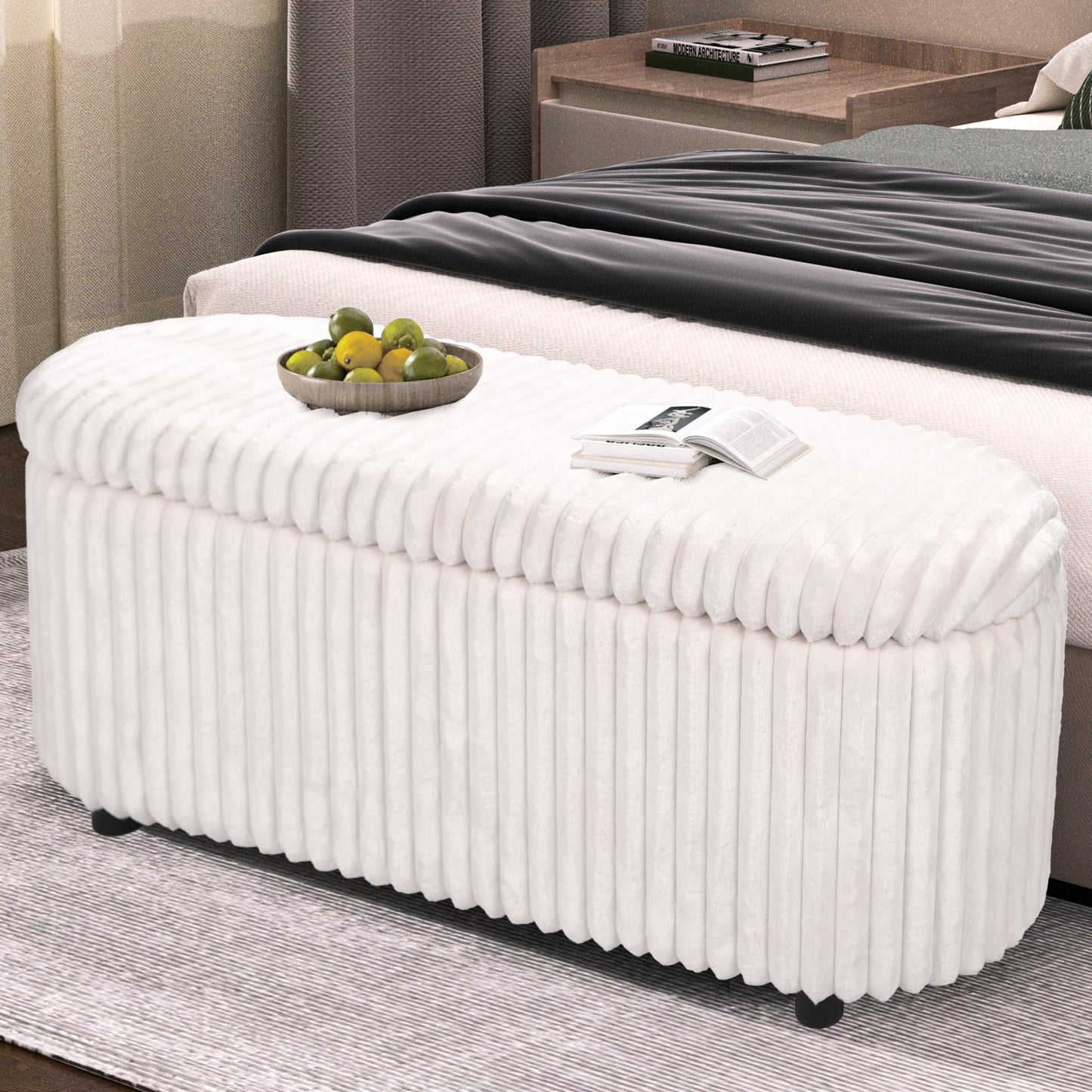 White Upholstered Storage Bench Ottoman - Ribbed Flip-Top Entryway Bench with Hidden Storage, MDF Frame & 400 lb Capacity