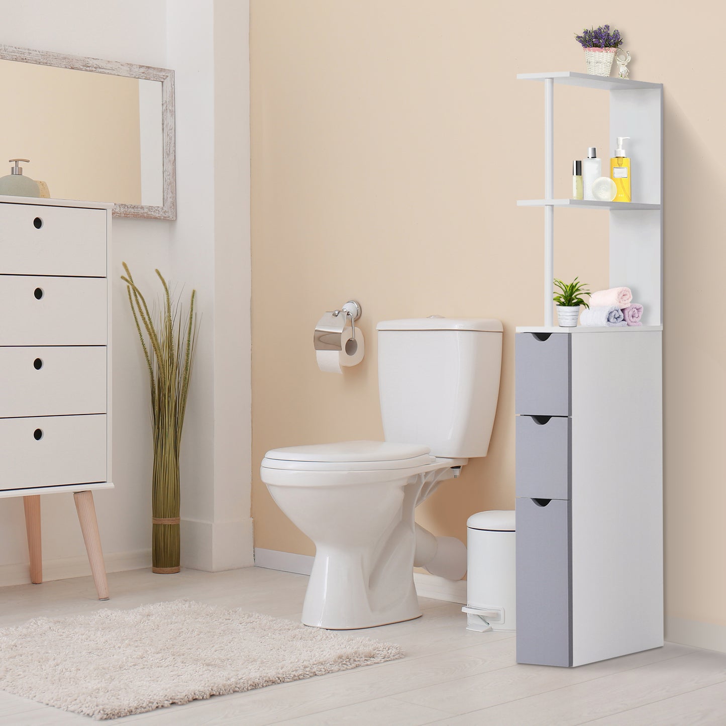 Slim Bathroom Storage Cabinet with Drawers - 55" Tall Narrow Linen Tower with Shelves, Freestanding White Organizer