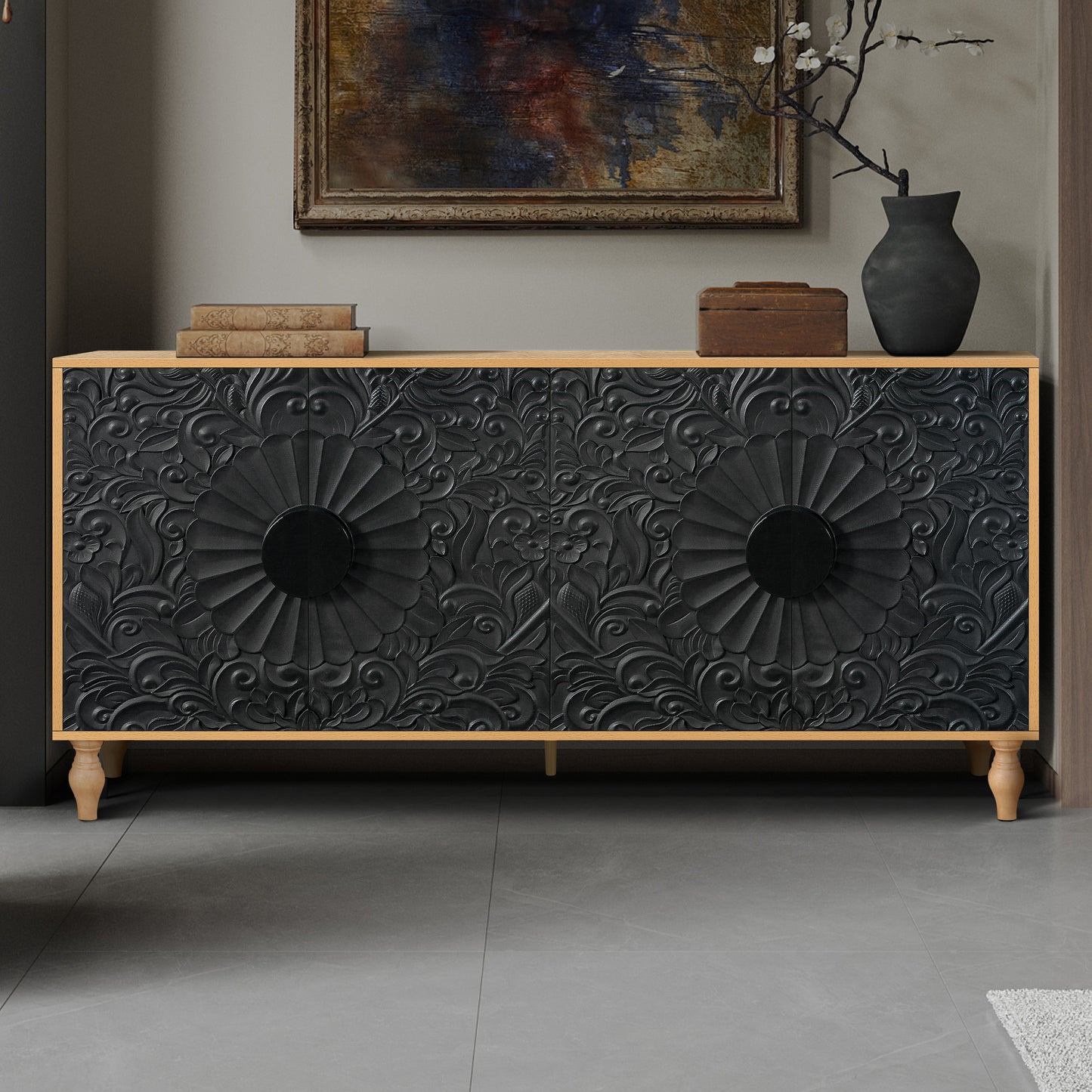 Natural Wood TV Stand Cabinet with Black Carved Doors - 4 Door Storage Console | Decorative Living Room Media Cabinet
