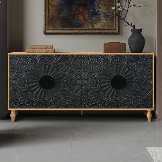 Natural Wood TV Stand Cabinet with Black Carved Doors - 4 Door Storage Console | Decorative Living Room Media Cabinet