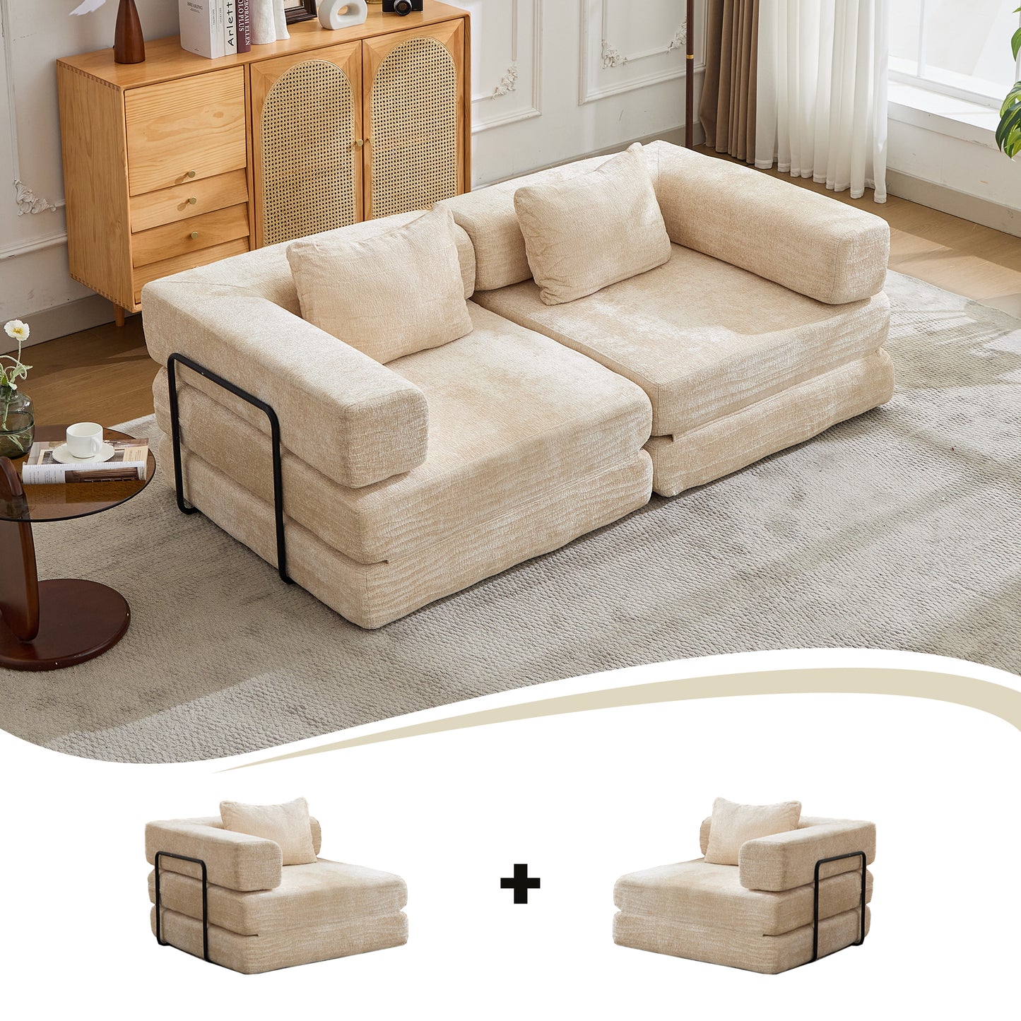 Convertible Floor Sofa Bed - Beige Modular Memory Foam Loung Couch (78" Sleeper)