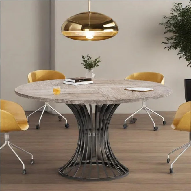 Modern Round Pedestal Dining Table - 47" Mid-Century Style Wood Grain Top with Sculptural Base