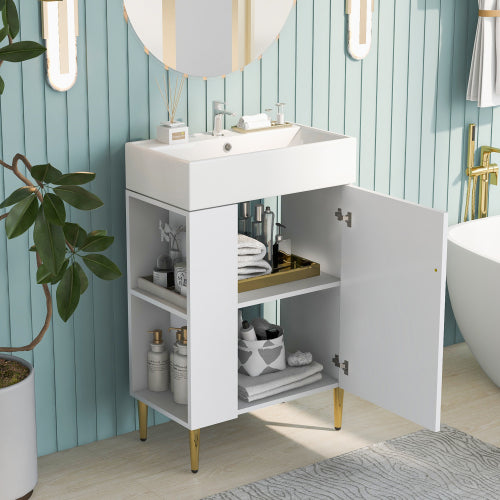 Modern 21.6" Bathroom Vanity with Sink - White Cabinet, Gold Legs & Side Storage for Small Spaces