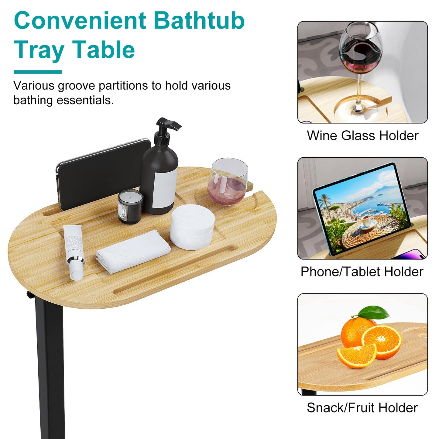Adjustable C-Shaped Bath Tray Table - 360 degree Rotating Bamboo Bath Caddy for Tub, Sofa or Bed, Freestanding Side Table