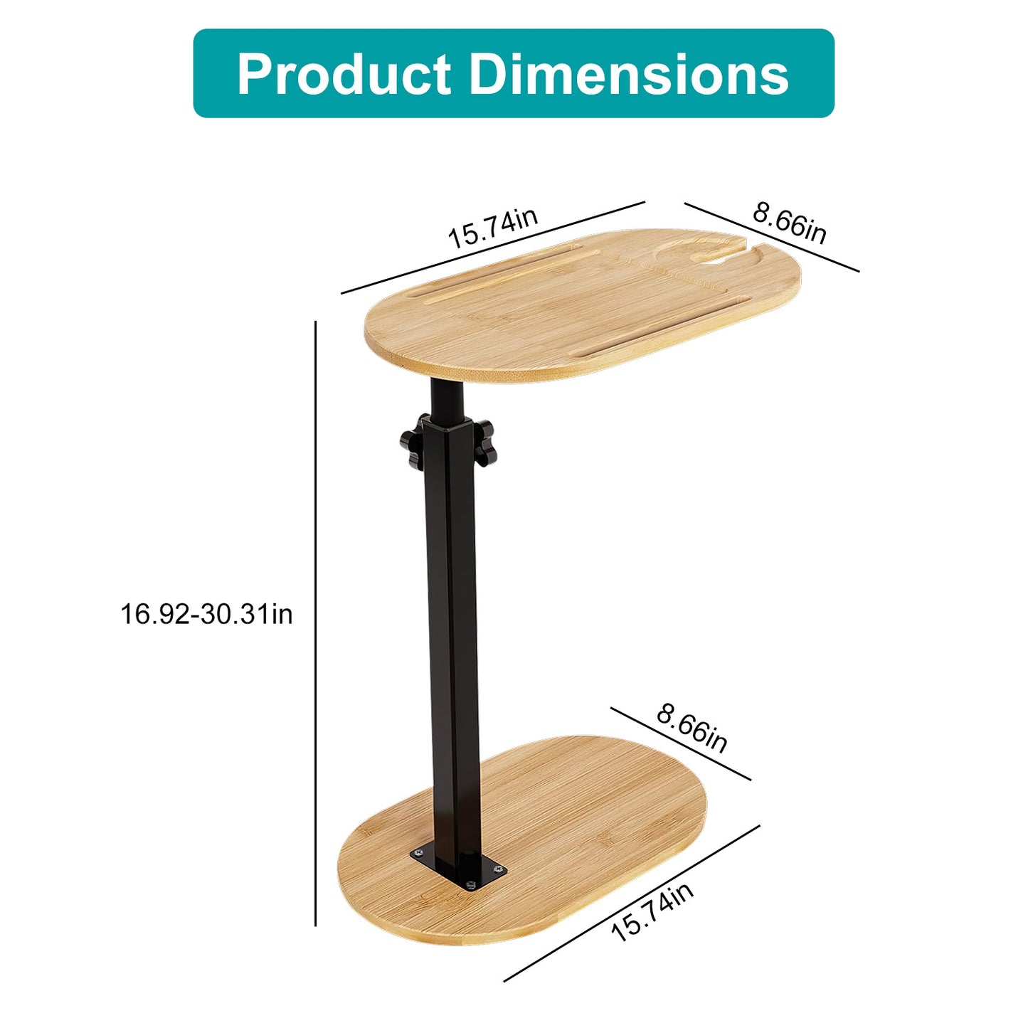 Adjustable C-Shaped Bath Tray Table - 360 degree Rotating Bamboo Bath Caddy for Tub, Sofa or Bed, Freestanding Side Table