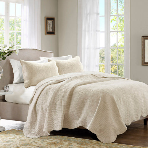 3-Piece Reversible Scalloped Edge Quilt Set - Cream King/Cal King, Lightweight Cottage Style Bedding
