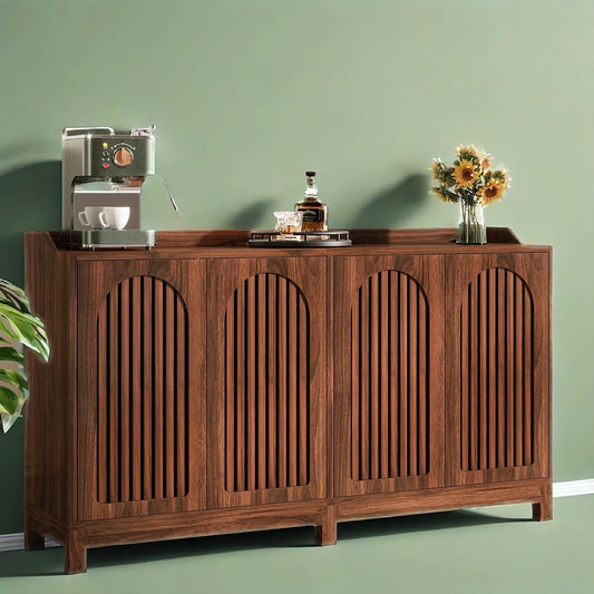 Farmhouse Arched Door Sideboard Buffet Cabinet - 57" Walnut Brown Storage Console with Slatted Doors & Adjustable Shelves