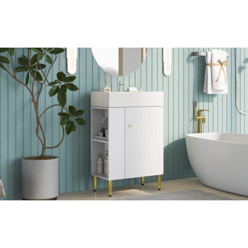 Modern 21.6" Bathroom Vanity with Sink - White Cabinet, Gold Legs & Side Storage for Small Spaces