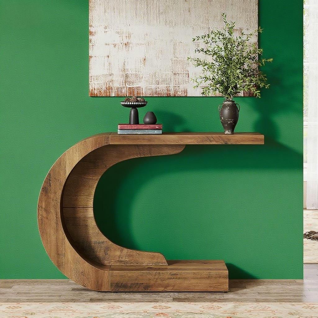 Modern Curved C-Shaped Console Table - Sculptural Wood Entryway Accent Table for Hallway or Living Room