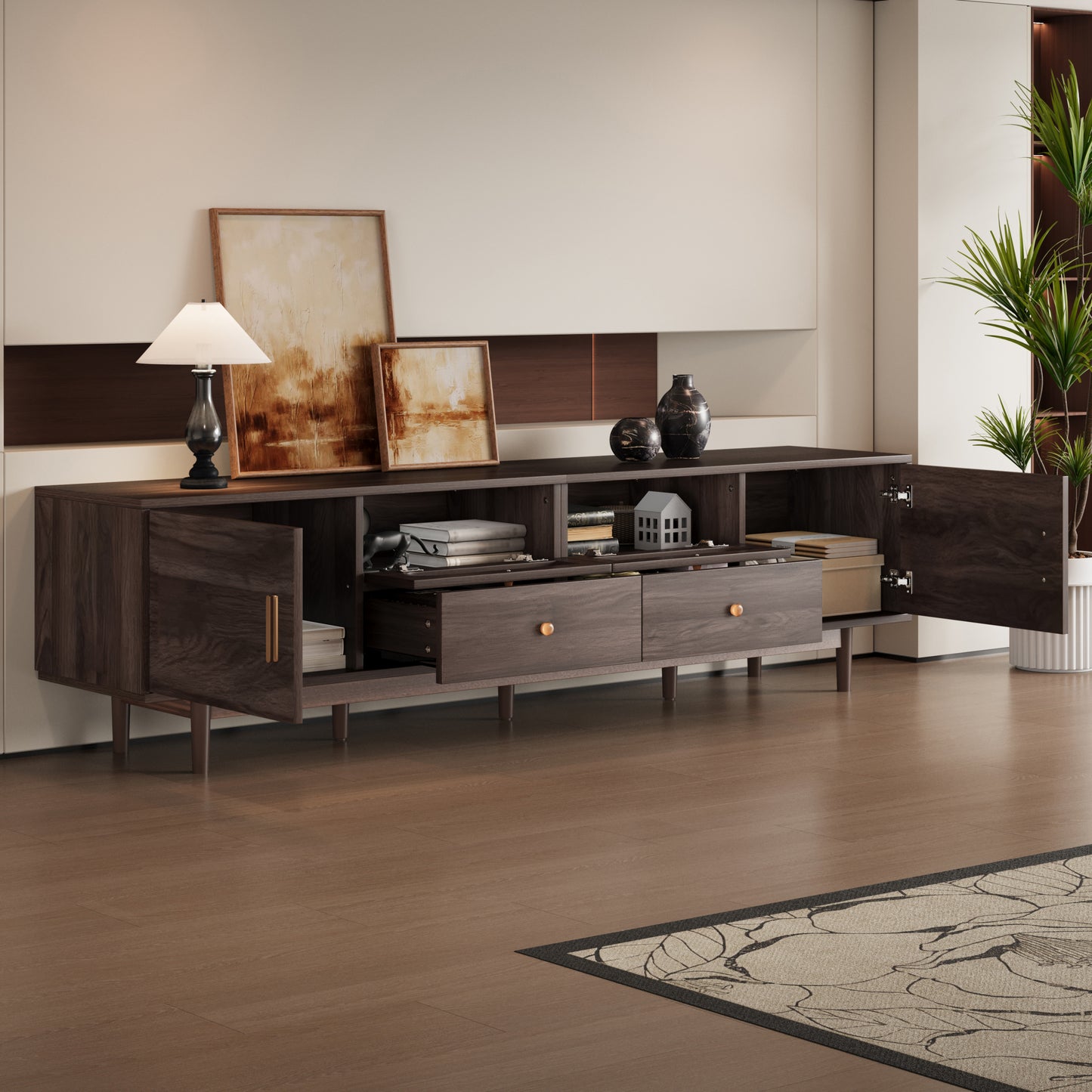76" Modern TV Stand with Rattan Doors & Drawers - Entertainment Center for TVs up to 85" - Dark Brown Wood Media Console with Storage