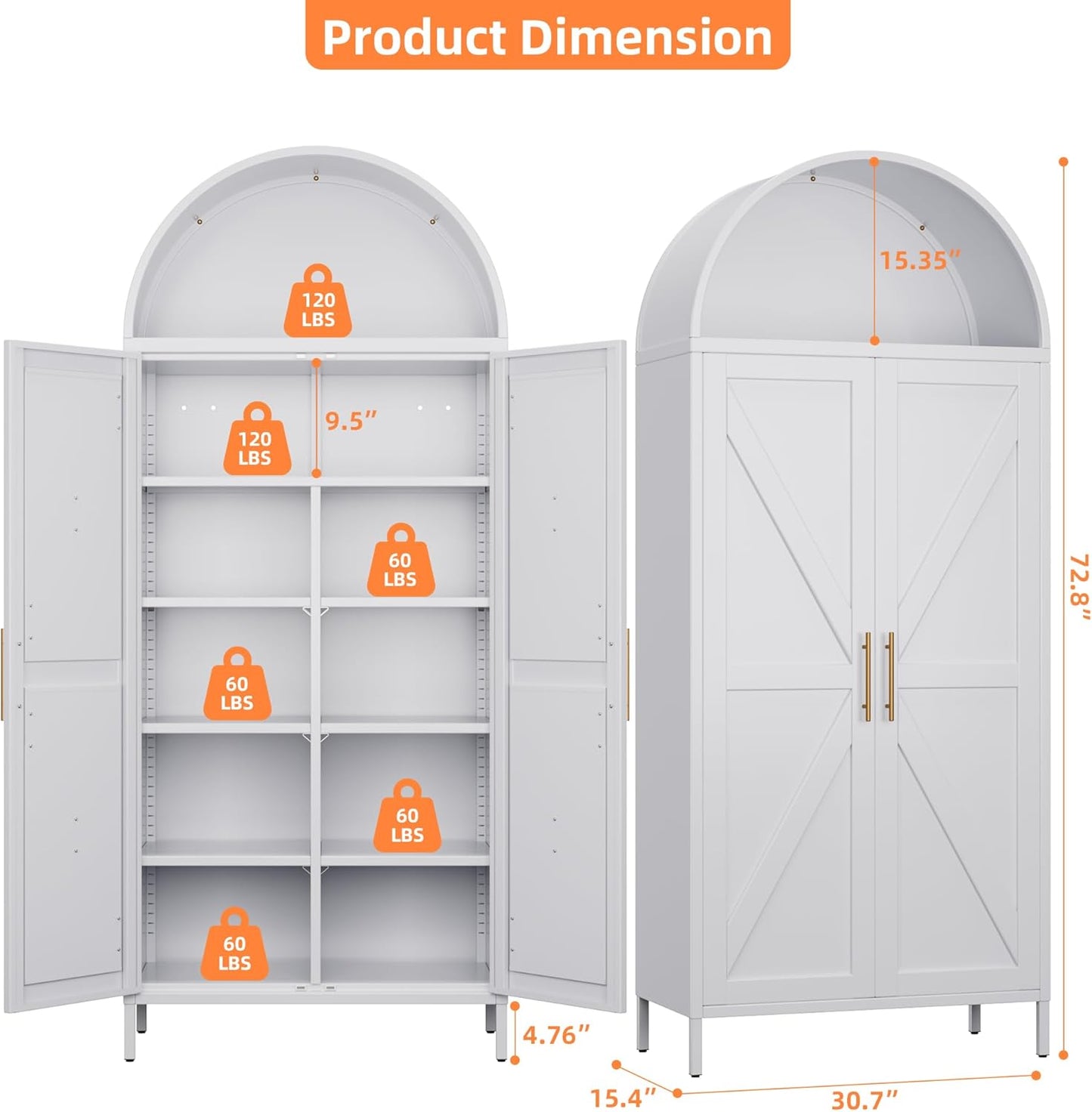 Modern Arched Storage Cabinet with Doors - Tall White Pantry Organizer with Adjustable Shelves | Kitchen, Dining, Bathroom or Living Room