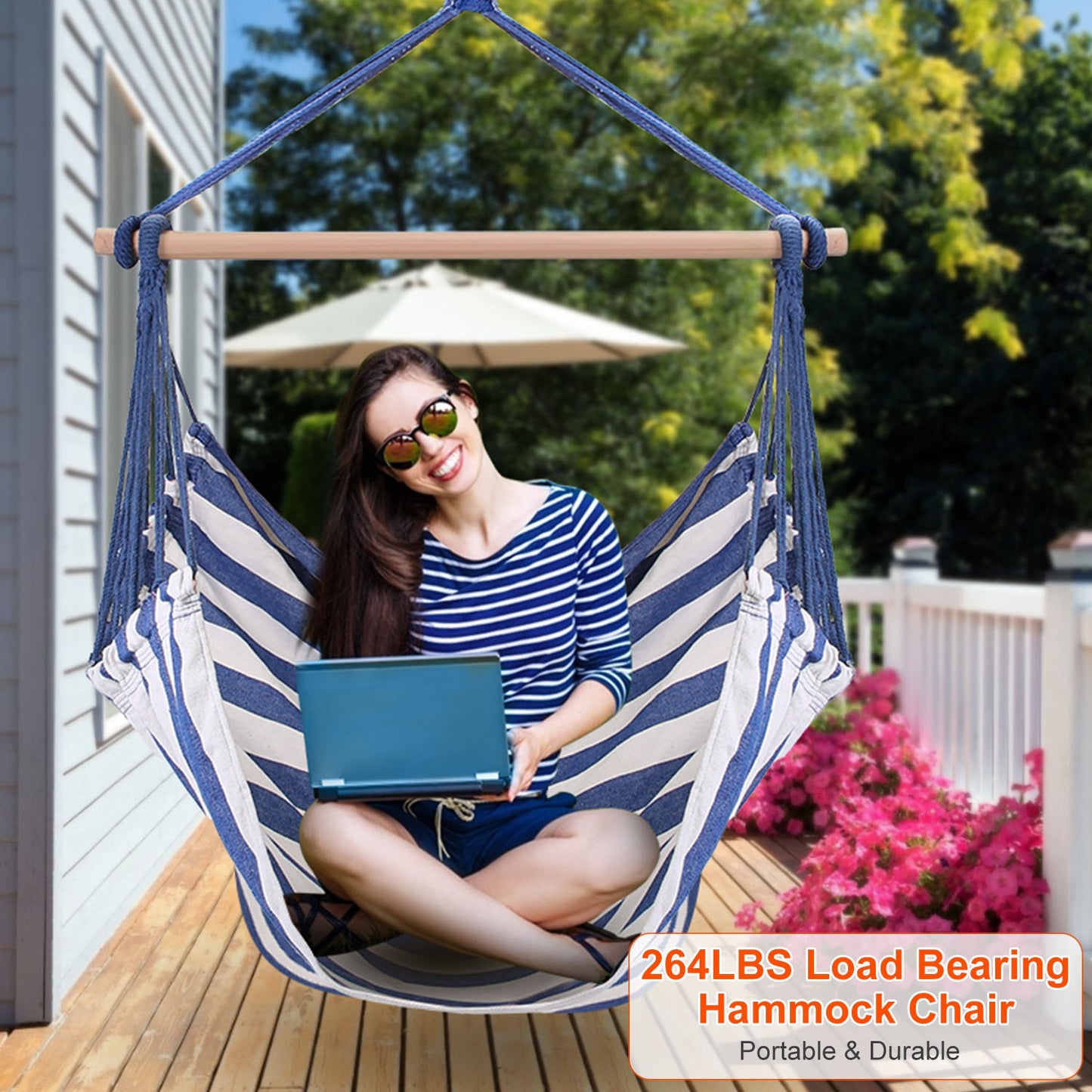 Striped Hanging Hammock Chair with Pillows - Canvas Swing Seat with Wooden Bar, Portable Indoor/Outdoor Rope Chair (Blue/Red)