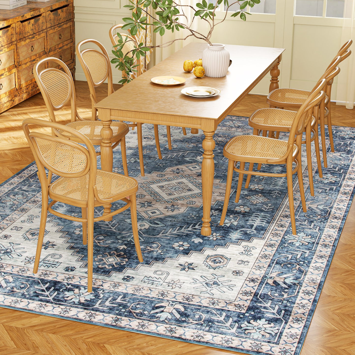 5x7 Vintage Washable Area Rug - Blue Distressed Non-Slip Carpet for Living Room, Bedroom & Dining Room | Soft Low Pile