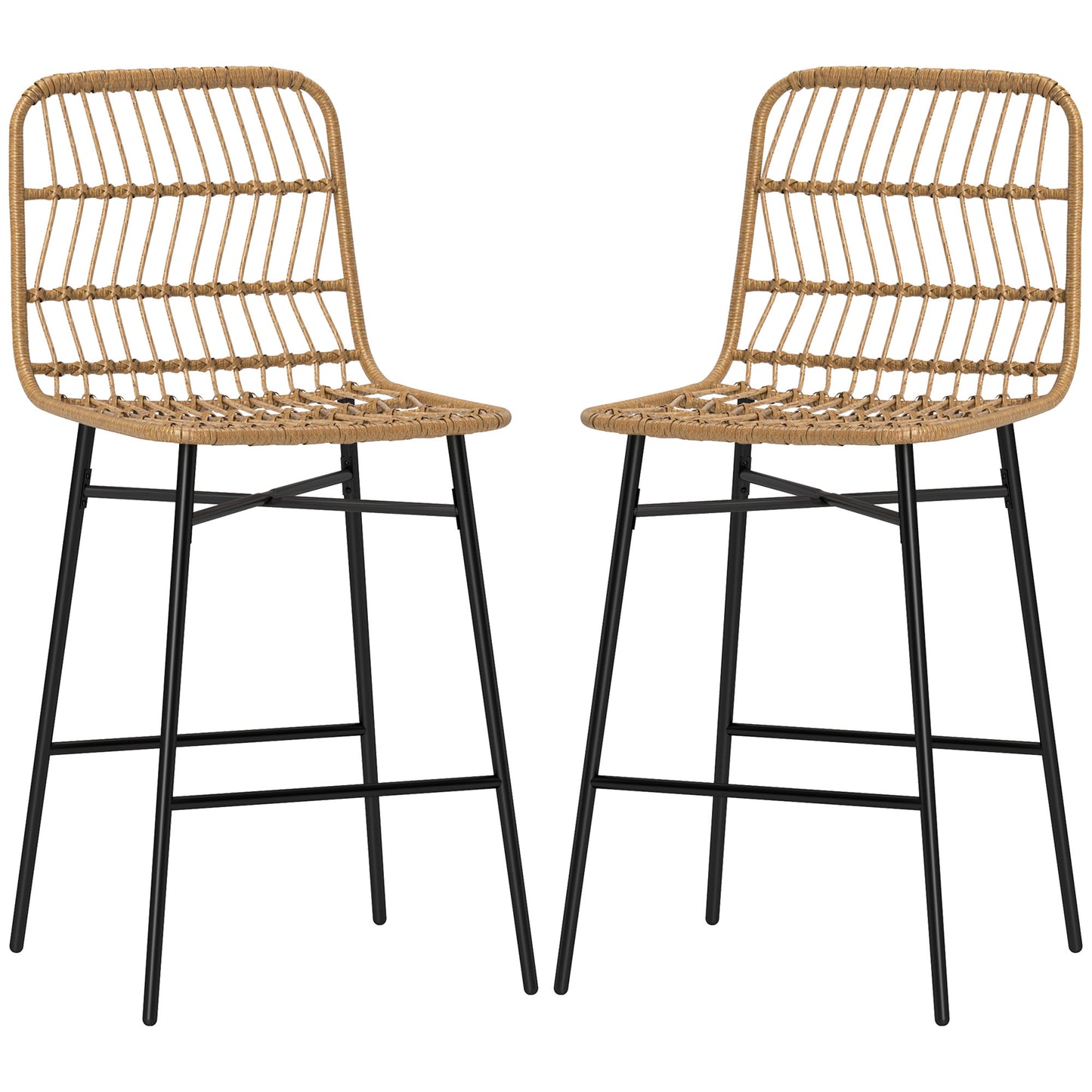 Modern Rattan Counter Stools Set of 2 - 26" Kitchen Island Bar Chairs with Backrest & Metal Frame