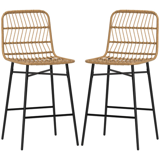 Modern Rattan Counter Stools Set of 2 - 26" Kitchen Island Bar Chairs with Backrest & Metal Frame