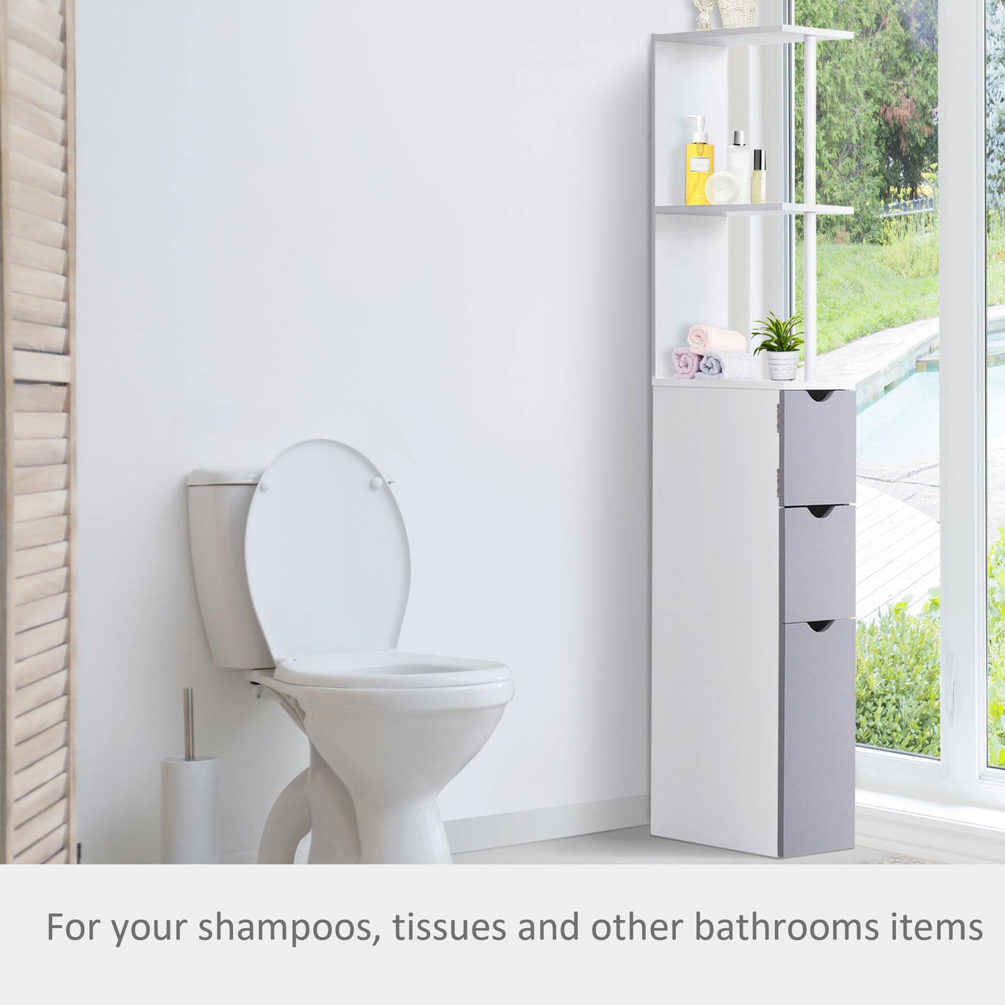 Slim Bathroom Storage Cabinet with Drawers - 55" Tall Narrow Linen Tower with Shelves, Freestanding White Organizer