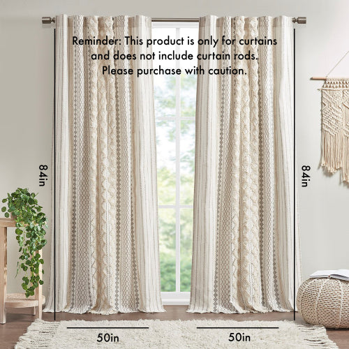 Ivory Boho Cotton Curtain Panel with Chenille Stripe - 50 x 84 Light Filtering Window Curtain (Single Panel)
