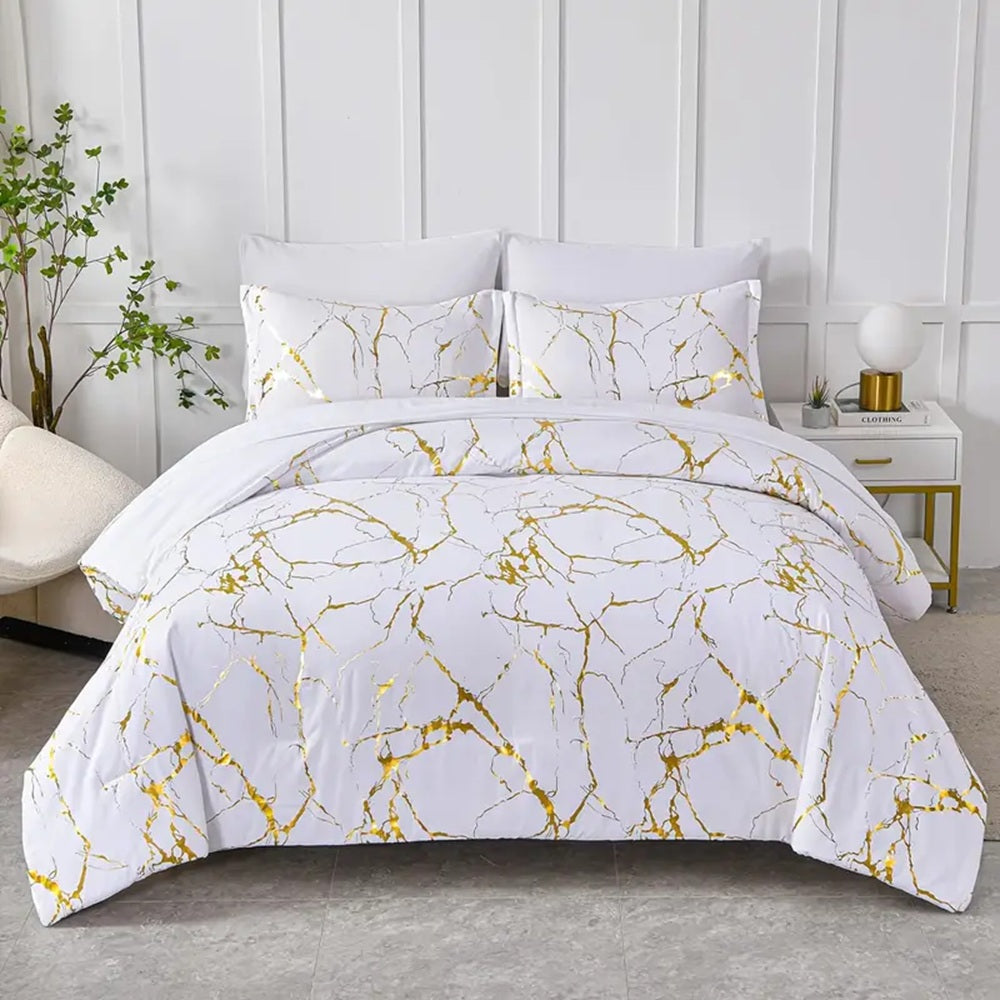 White Marble Duvet Cover Set with Gold Veining - Luxury Soft Bedding Set (Twin, Queen, King) | Modern Hotel Style Comforter Cover