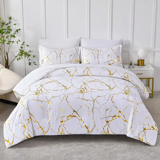 White Marble Duvet Cover Set with Gold Veining - Luxury Soft Bedding Set (Twin, Queen, King) | Modern Hotel Style Comforter Cover