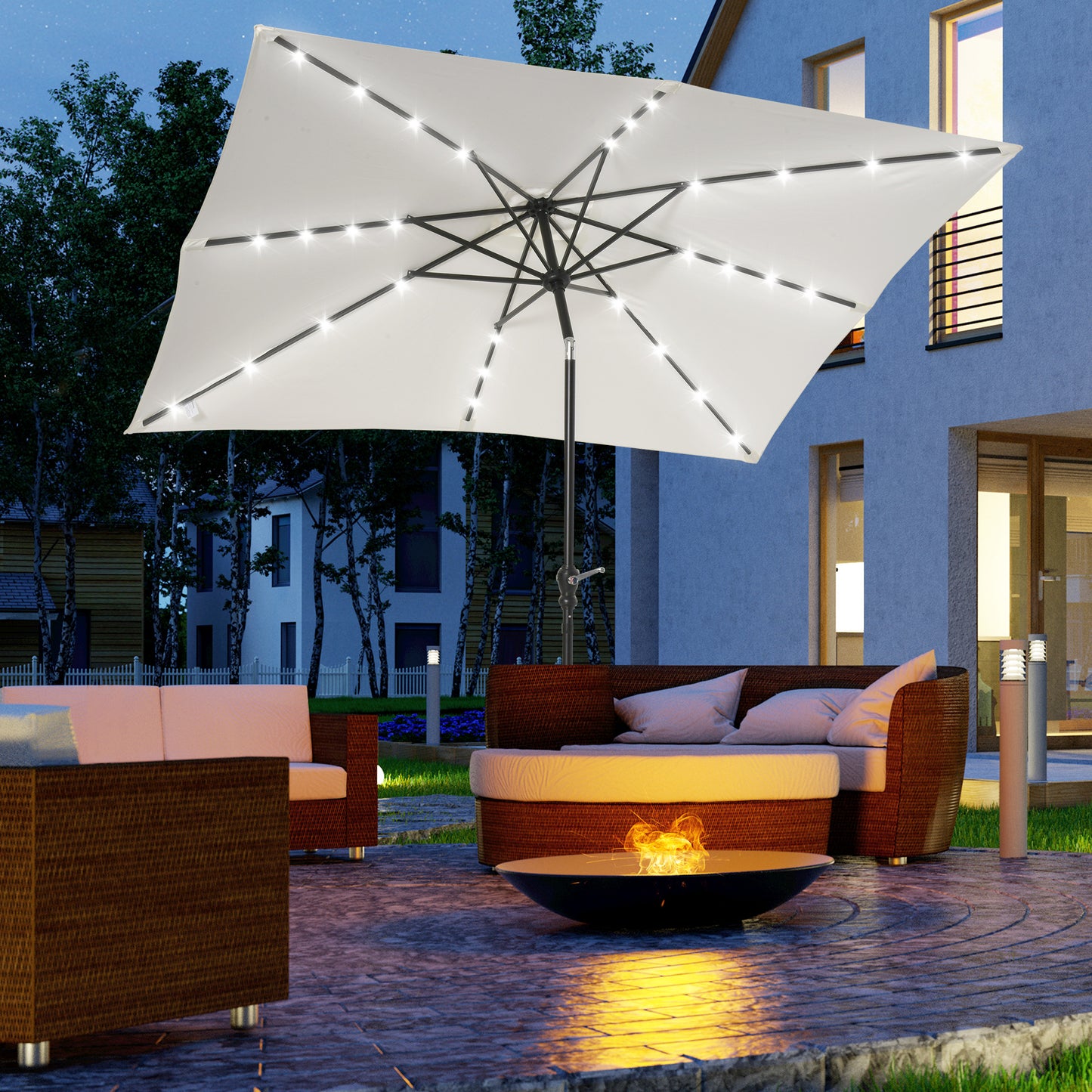 9x7ft Solar LED Patio Umbrella - Rectangular Outdoor Market Umbrella with Tilt & Crank (White)