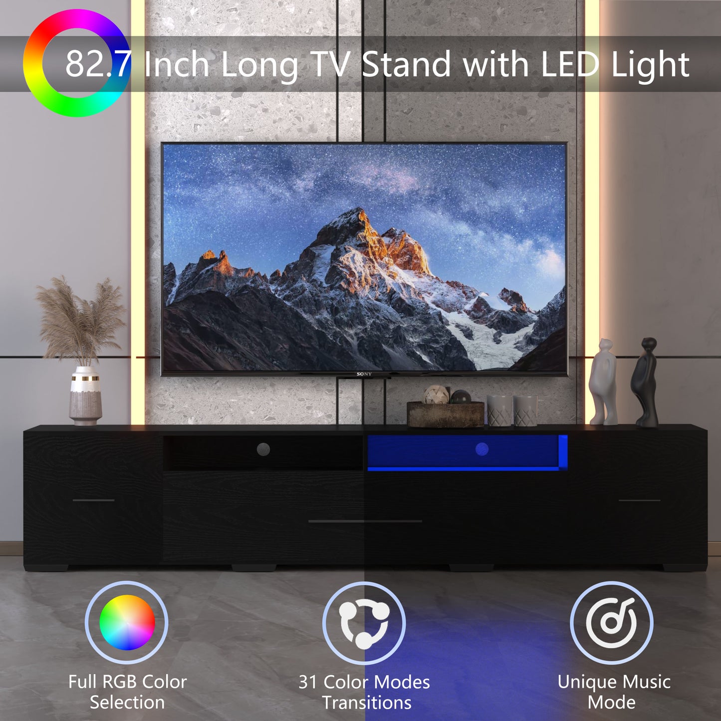 80" LED TV Stand with App Control - RGB Entertainment Center with Storage for Living Room or Gaming Setup