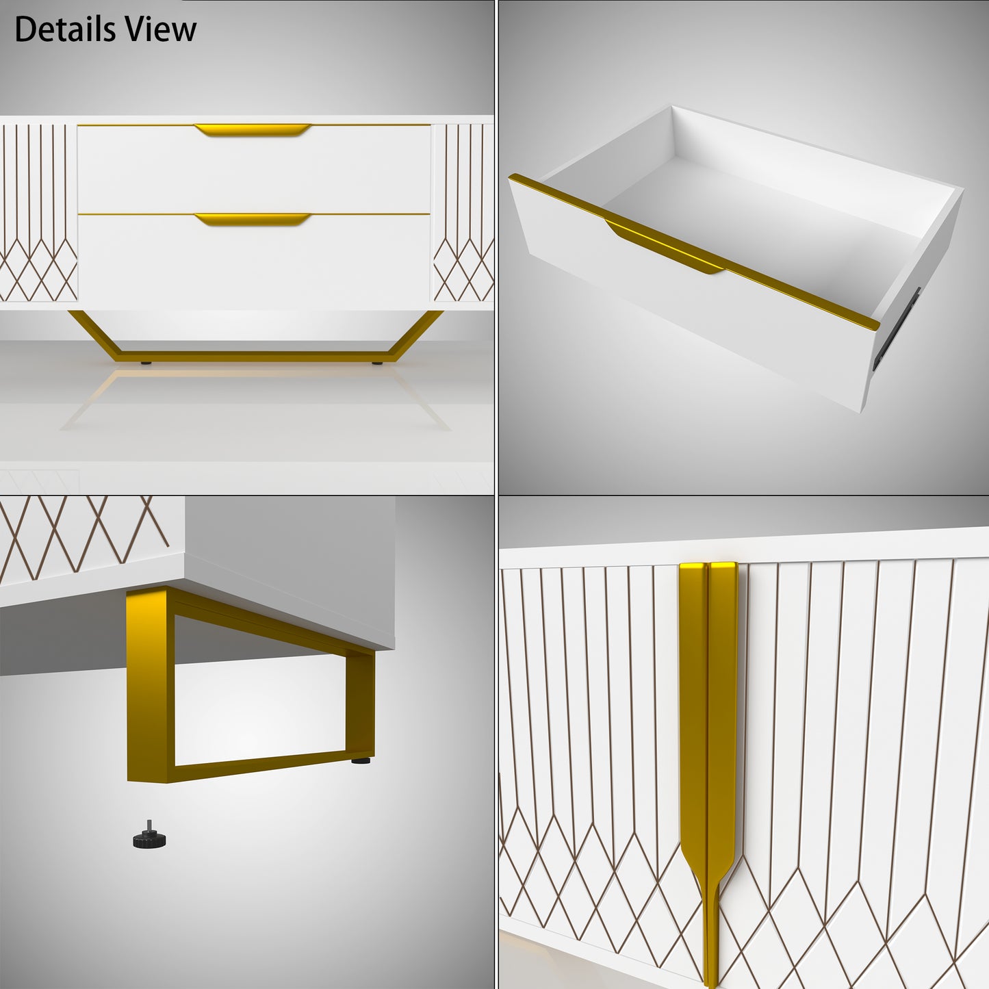 Modern White & Gold TV Console - Carved Cabinet Entertainment Center with Metal Legs (Up to 75" TVs)