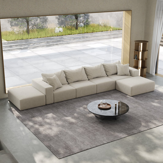 162" Oversized Modular Cloud Sectional Sofa - L-Shaped Chenille Upholstered Couch with Ottoman, 6 Pillows (Beige)